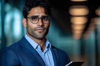 Middle Eastern businessman wearing glasses and navy suit holds digital tablet in modern office setting with bokeh lights, expressing confidence and success.