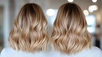 Blonde wavy shoulder length hair with balayage highlights shown from behind on two women wearing white tops, demonstrating modern hairstyling trends.