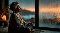 African American woman in cozy sweater relaxing by rainy window at sunset with warm candlelight creating peaceful indoor atmosphere for wellness and mindfulness.