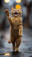 Playful ginger cat jumping and reaching up with paw during rain, mouth open in excitement against blurred background with glowing lights and water drops.