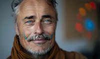 Mature Caucasian man with striking blue eyes, gray hair, and stylish beard wearing brown scarf smiles warmly at camera against soft bokeh background.