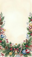 Festive holiday border frame with evergreen branches, ornaments, candy canes, bells, and berries on cream background. Isolated design element suitable for greeting cards, invitations, and seasonal marketing materials.