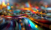 Abstract colorful bokeh waves with blurred light trails and glowing dots creating dynamic motion effect against dark background, suitable for modern design projects.