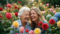 Senior woman with white hair and middle-aged woman with blonde hair laughing together surrounded by blooming roses and dahlias in vibrant colors. Use for family, generations, happiness, gardening, lifestyle, and wellness content.