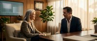 Professional business meeting between mature Caucasian woman and middle-aged Hispanic man discussing strategy in modern office with plants and natural lighting.