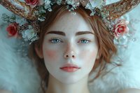 Young woman with freckles and bright blue eyes wearing floral crown of white baby's breath and pink roses, dreamy ethereal portrait against soft blue background.
