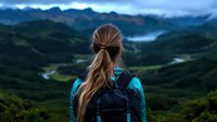 Young woman with blonde ponytail wearing turquoise jacket and backpack looking at misty mountain valley landscape during sunrise, rear view adventure travel concept.