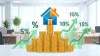 Young professional analyzing real estate investment growth with stacked gold coins, upward trending arrows, and percentage indicators in modern office setting for financial planning and property market analysis.