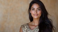Young woman with long dark hair and radiant smile wearing elegant beige embroidered dress against textured brown background, natural makeup look for beauty and fashion concepts.