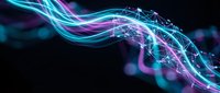 Abstract digital network with flowing neon light streams in cyan and purple colors on dark background for technology and data visualization concepts.