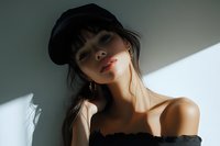 Young Asian woman in black cap and lace top posing sensually against white wall with dramatic shadow play, showcasing natural beauty and fashion style.