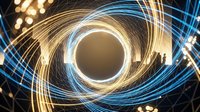 Glowing neon eye with swirling gold and blue light trails creating an abstract futuristic portal effect, suitable for technology and digital art backgrounds.