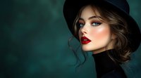 Young Caucasian woman with red lipstick, blue eyes and black hat against dark green background. Dramatic fashion portrait with professional makeup and soft lighting.