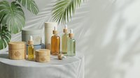 Natural organic skincare cosmetics bottles and jars with tropical palm leaves shadows on neutral background for spa wellness beauty products.