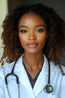 Young African American female doctor with curly hair wearing white medical coat and stethoscope smiling confidently in healthcare setting for medical professionals.