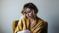 Young woman with blonde wavy hair in mustard yellow blazer sitting in armchair against light wall, eyes closed in contemplative pose showing emotional state.