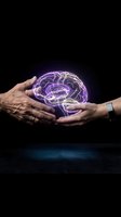 Elderly and young hands protecting glowing purple brain hologram representing intergenerational knowledge transfer and mental health care on dark background.