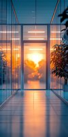 Modern office corridor with glass walls and dramatic sunset view through window, illuminated by warm neon lights, creating reflective atmosphere on polished floor.