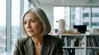 Mature woman with gray hair wearing professional blazer sitting in modern office with city view and bookshelf, contemplative expression for corporate business themes.