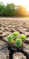 Green succulent plant growing through cracked dry soil during drought, symbolizing hope, resilience and survival in harsh conditions. Natural sunlight background.