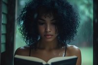 Young African American woman with natural curly hair reading book by window during rainy day, soft moody lighting creates contemplative atmosphere.