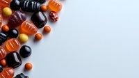 Orange and black Halloween candy scattered on white background, including gummy candies, jelly beans and assorted sweets creating festive border design for seasonal decoration.