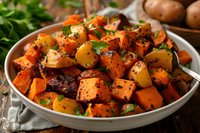 Roasted sweet potatoes and regular potatoes with herbs and spices served in white ceramic bowl, perfect for healthy dinner side dish or holiday meal recipes.