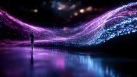 Silhouette of person standing before flowing digital particle wave with purple and blue neon lights reflecting on water surface in futuristic space.