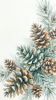 Watercolor pine cones and fir branches with snow on white background, winter botanical art for holiday cards and seasonal decor.