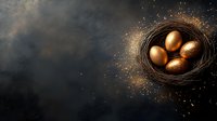 Golden eggs nestled in dark nest with glittering sparkles against moody black background, luxury Easter concept for festive designs and celebrations.