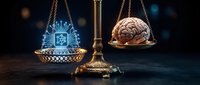 Golden balance scale weighing glowing digital brain against human brain on dark background representing artificial intelligence versus human intelligence comparison.