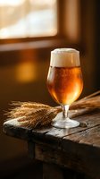 Fresh craft beer with foam head in glass next to wheat stalks on rustic wooden table in warm sunlit brewery setting for beverage marketing.