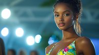 Young African American woman in colorful tropical print swimwear posing on fashion runway with blurred stage lights in background.