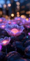Glowing luminescent flowers with translucent petals in purple and pink hues against dark background with bokeh lights, creating magical garden atmosphere.