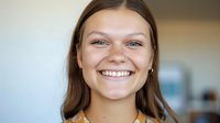 Young woman with natural freckles and radiant genuine smile looking at camera, expressing joy and authenticity against blurred background. For lifestyle and wellness content.