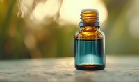 Small amber and blue glass bottle with liquid medicine on blurred natural background, shallow depth of field for aromatherapy and wellness concepts.