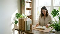 Young woman working from home office writing in notebook at wooden desk surrounded by green plants in bright natural light interior space.