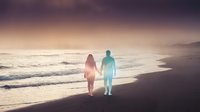 Couple walking hand in hand on beach at sunset with dramatic purple sky and ocean waves, romantic silhouettes against golden light for love concepts.