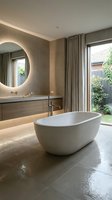Modern luxury bathroom interior with freestanding white oval bathtub, illuminated circular mirror, wooden vanity, floor-to-ceiling windows, and natural light for spa and home design projects.