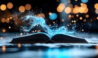 Open book with magical glowing blue light emerging from pages against dark background with golden bokeh lights, creating mystical educational atmosphere.