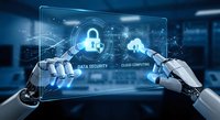 Robotic hands interacting with holographic cybersecurity interface displaying data protection and cloud computing elements in futuristic technology environment.