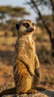 Alert meerkat standing upright in golden sunlight with blurred savanna background, showcasing natural wildlife behavior and warm evening lighting.