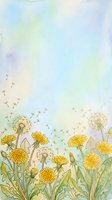 Watercolor dandelions with flying seeds on soft blue-green background, spring meadow art for cards, posters, and wall decor.