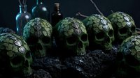 Moss-covered skulls arranged on dark soil with blurred alchemical bottles in background, suitable for gothic, fantasy, and Halloween design projects.