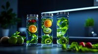 Fresh fruit infused water in glass bottles with orange, kiwi, mint leaves and lime. Healthy detox drinks on dark kitchen counter with natural ingredients.