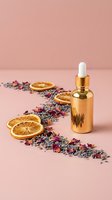 Golden dropper bottle with dried orange slices and herbal tea blend on pink background for natural skincare and aromatherapy wellness products.