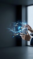 Businessman hands holding glowing digital network sphere with data connections in modern office environment for technology and innovation concepts.