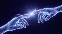 Digital wireframe hands reaching toward each other with glowing connection point against dark space background for technology and AI concepts.