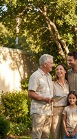 Happy multigenerational family enjoying quality time together in sunny garden setting with warm natural lighting and lush green foliage backdrop.