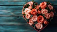 Heart-shaped box filled with coral and pink roses against rustic teal wooden background, perfect for romantic occasions and floral design projects.